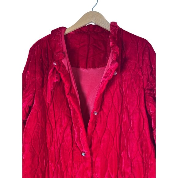 VINTAGE Womens Size 46 Chest House Coat Maxi Red Quilt Velvet Rhinestone Buttons - Picture 5 of 14